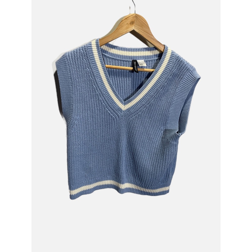 H&M Divided Sweater Vest Womens‎ S Blue Striped V-Neck Preppy Varsity Knit Top